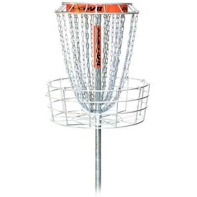 DGA MACH VII (MACH 7) Disc Golf Basket - front view of silver metal disc golf basket. Does not show base of basket, just most of the pole.