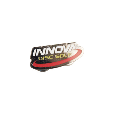 Shows the Innova Logo Lapel Pin Button against a white background. The colors are metallic silver with white for "Innova", yellow for "Disc golf" and a red swoosh below.